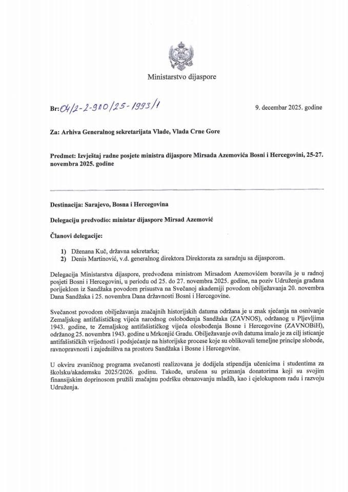 Izvještaj sa radne posjete ministra dijaspore Mirsada Azemovića Bosni i Hercegovini, 25-27. novembra 2025. godine