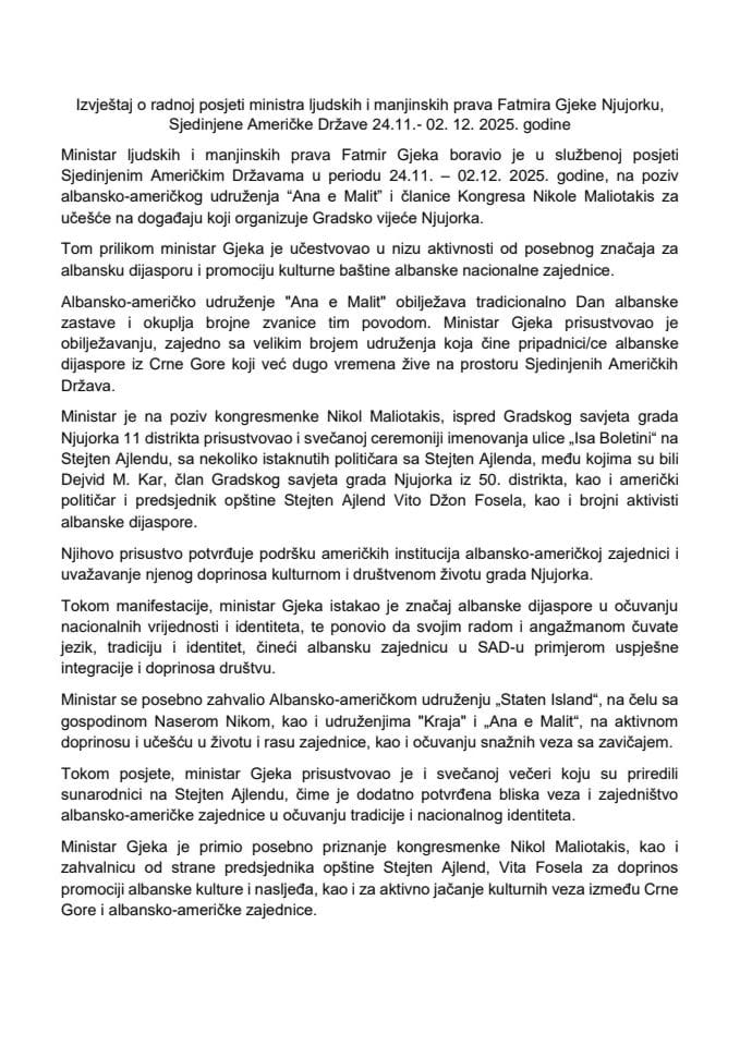 Izvještaj o radnoj posjeti ministra ljudskih i manjinskih prava Fatmira Gjeke, Njujorku, Sjedinjene Američke Države, 24.11 - 2. 12. 2025. godine