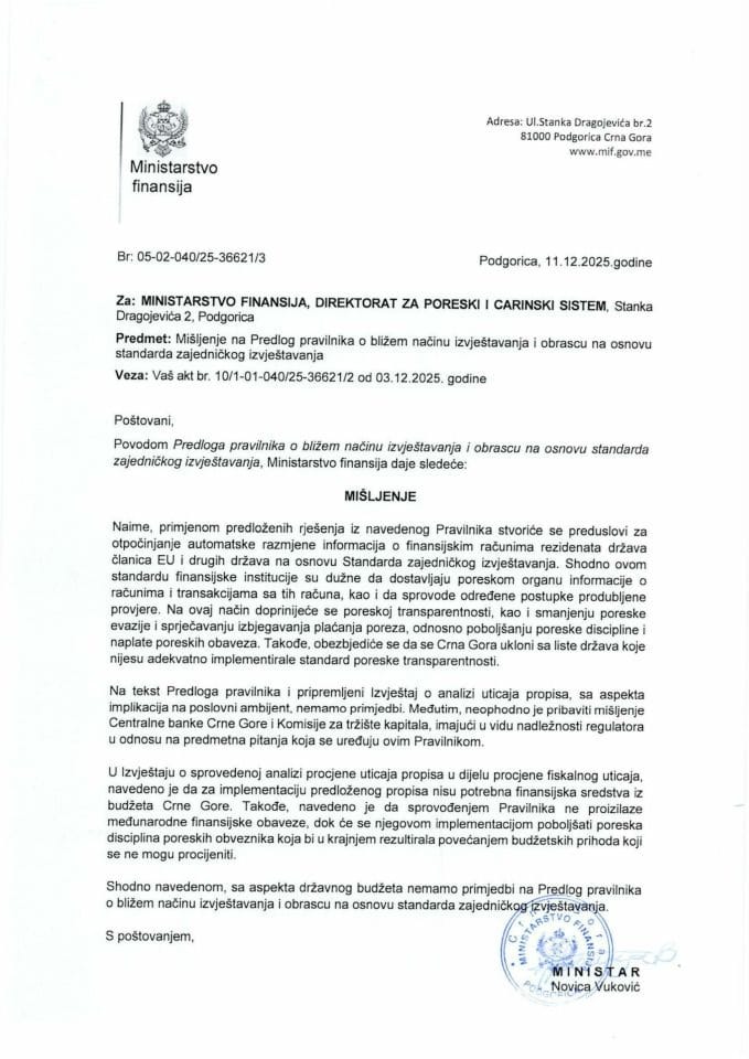 Mišljenje na Predlog pravilnika o bližem načinu izvještavanja i obrascu na osnovu standarda zajedničkog izvještavanja
