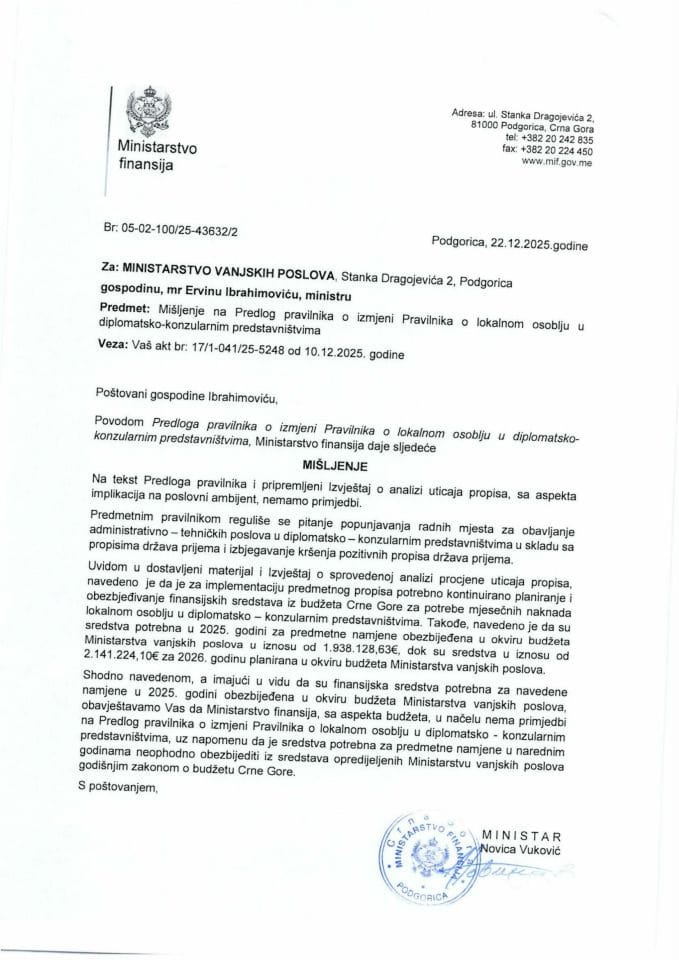 Mišljenje na Predlog pravilnika o izmjeni Pravilnika o lokalnom osoblju u diplomatsko-konzularnim predstavništvima