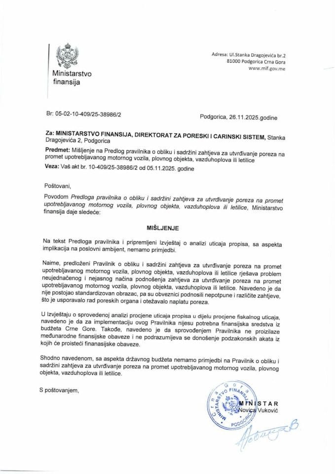 Mišljenje na Predlog pravilnika o obliku i sadržini zahtjeva za utvrđivanje poreza na promet upotrebljvanog motornog vozila, plovnog objekta, vazduhoplova ili letilice