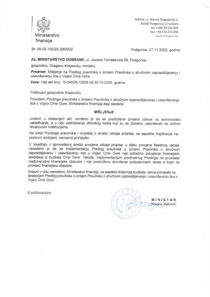 Mišljenje na Predlog pravilnika o izmjeni Pravilnika o stručnom osposobljavanju i usavršavanju lica u Vojsci Crne Gore