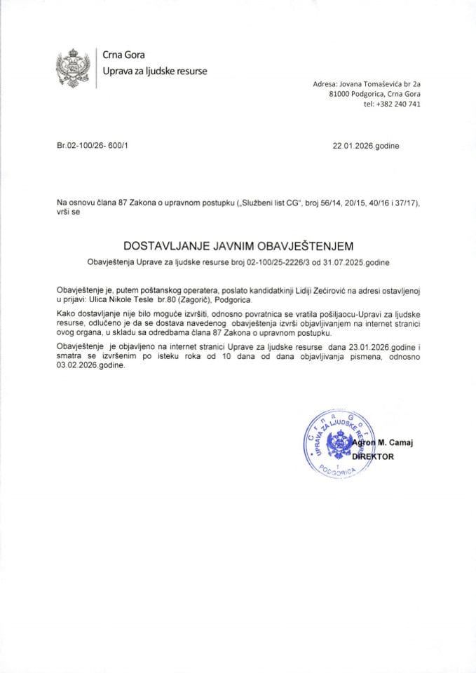 Javni oglas 02-100-25-2226-3 od 31.07.2025 godine za potrebe Službe Predsjednika Crne Gore - Lidija Zećirović