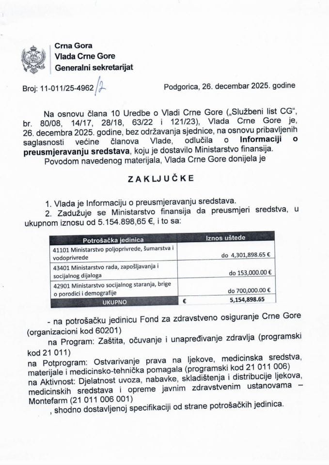 Informacija o preusmjeravanju sredstava - Zaključci
