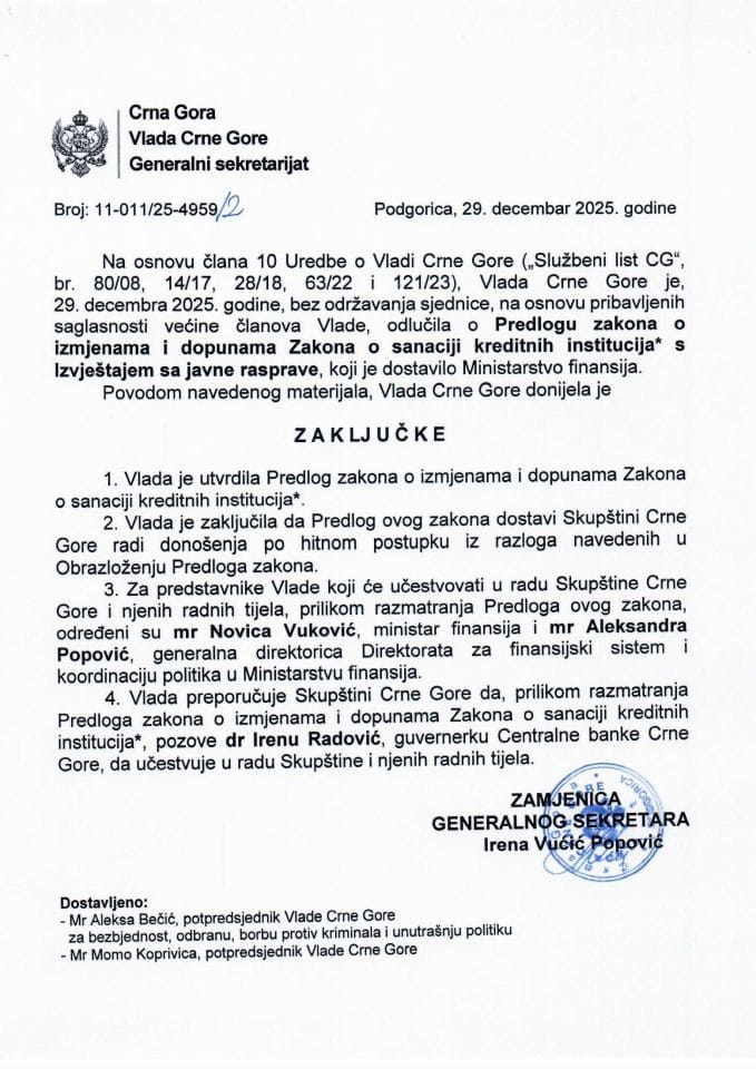 Predlog zakona o izmjenama i dopunama Zakona o sanaciji kreditnih institucija* s Izvještajem sa javne rasprave - Zaključci