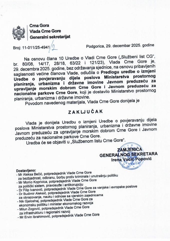 Predlog uredbe o izmjeni Uredbe o povjeravanju dijela poslova Ministarstva prostornog planiranja, urbanizma i državne imovine Javnom preduzeću za upravljanje morskim dobrom Crne Gore i Javnom preduzeću za nacionalne parkove Crne Gore - Zaključci