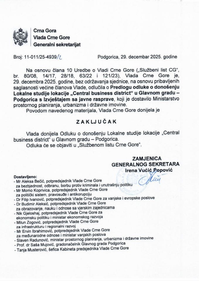 Predlog odluke o donošenju Lokalne studije lokacije „Central business district“ u Glavnom gradu - Podgorica s Izvještajem sa javne rasprave - Zaključci