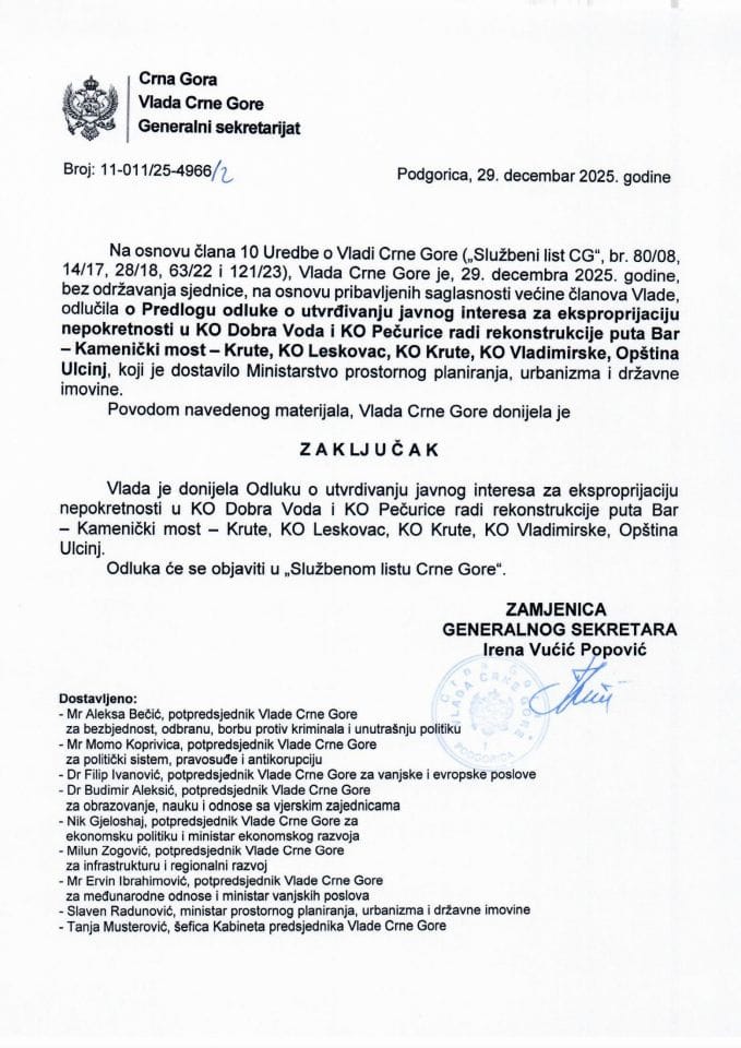 Predlog odluke o utvrđivanju javnog interesa za eksproprijaciju nepokretnosti u KO Dobra Voda i KO Pečurice radi rekonstrukcije puta Bar-Kamenički most-Krute, KO Leskovac, KO Krute Vladimirske, Opština Ulcinj - Zaključci