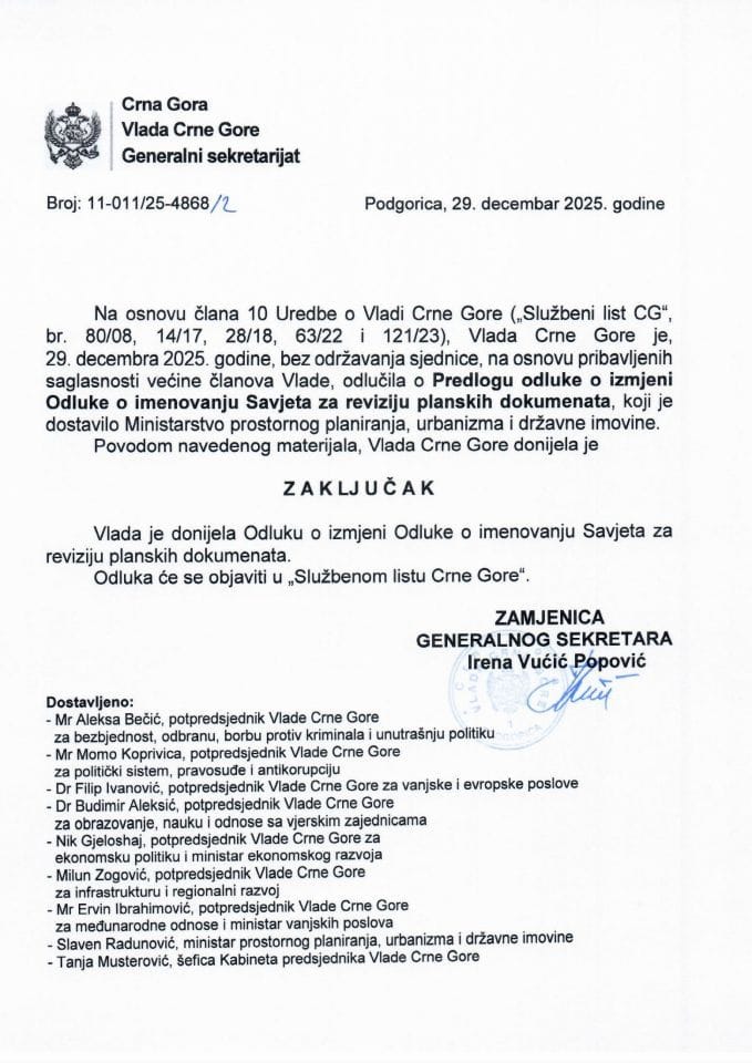 Predlog odluke o izmjeni Odluke o imenovanju Savjeta za reviziju planskih dokumenata - Zaključci