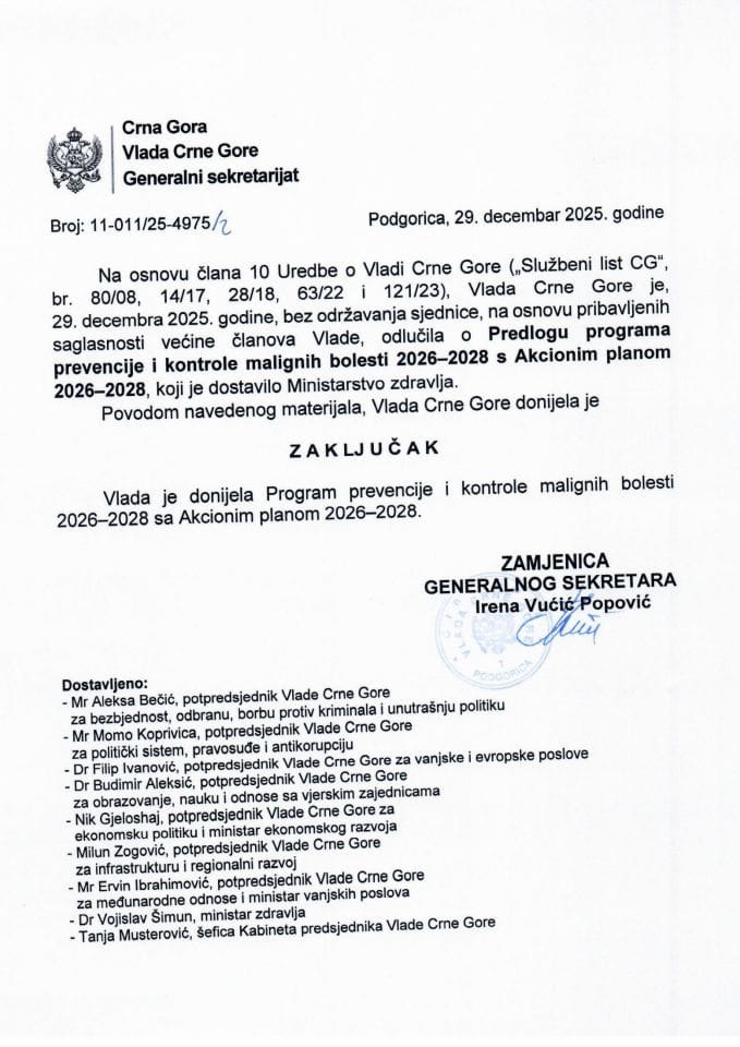 Predlog programa prevencije i kontrole malignih bolesti 2026-2028 sa Predlogom akcionog plana 2026-2028 - Zaključci