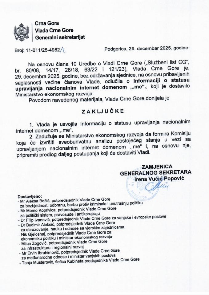 Informacija o statusu upravljanja nacionalnim internet domenom „.me“ - Zaključci