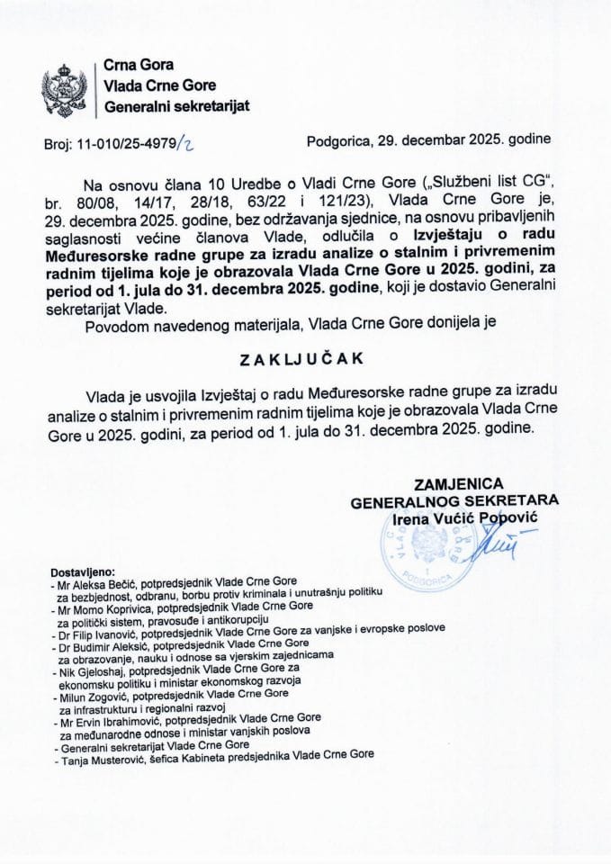 Izvještaj o radu Međuresorske radne grupe za izradu analize o stalnim i privremenim radnim tijelima koje je obrazovala Vlada Crne Gore u 2025. godini, za period od 1. jula do 31. decembra 2025. godine - Zaključci