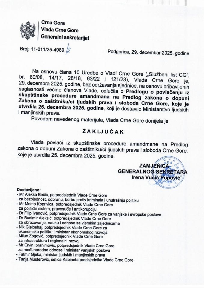 Predlog o povlačenju iz skupštinske procedure amandmana Vlade Crne Gore na Predlog zakona o dopuni Zakona o zaštitniku/ci ljudskih prava i sloboda Crne Gore - Zaključci
