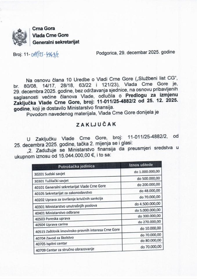 Predlog za izmjenu Zaključka Vlade Crne Gore, broj: 11-011/25-4882/2, od 25.12.2025. godine - Zaključci