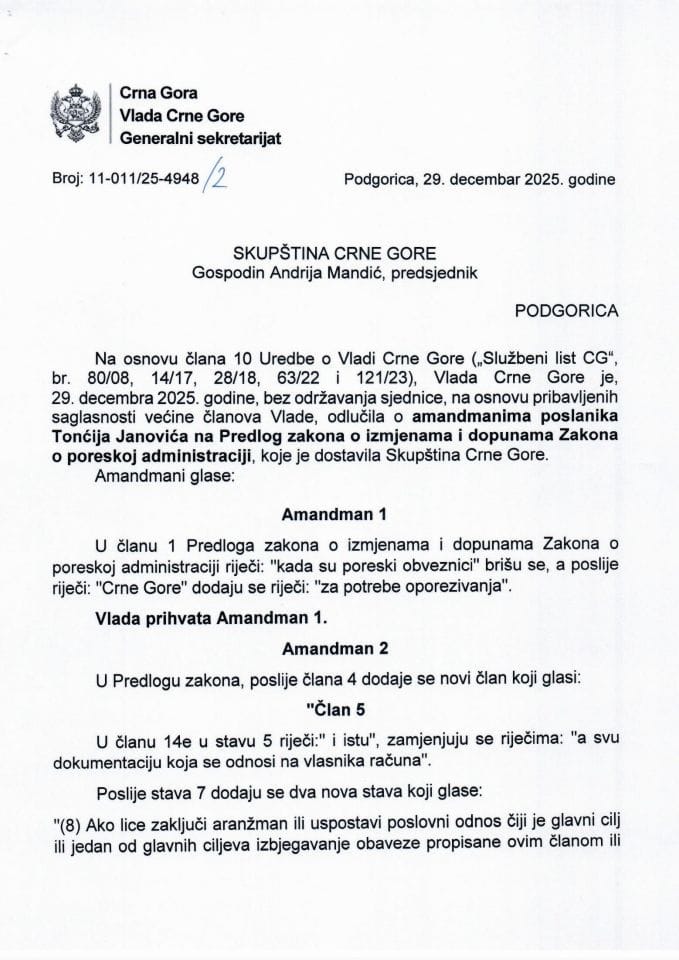 Predlog mišljenja na amandmane na Predlog zakona o izmjenama i dopunama Zakona o poreskoj administraciji (predlagač poslanik Tonći Janović) - Zaključci