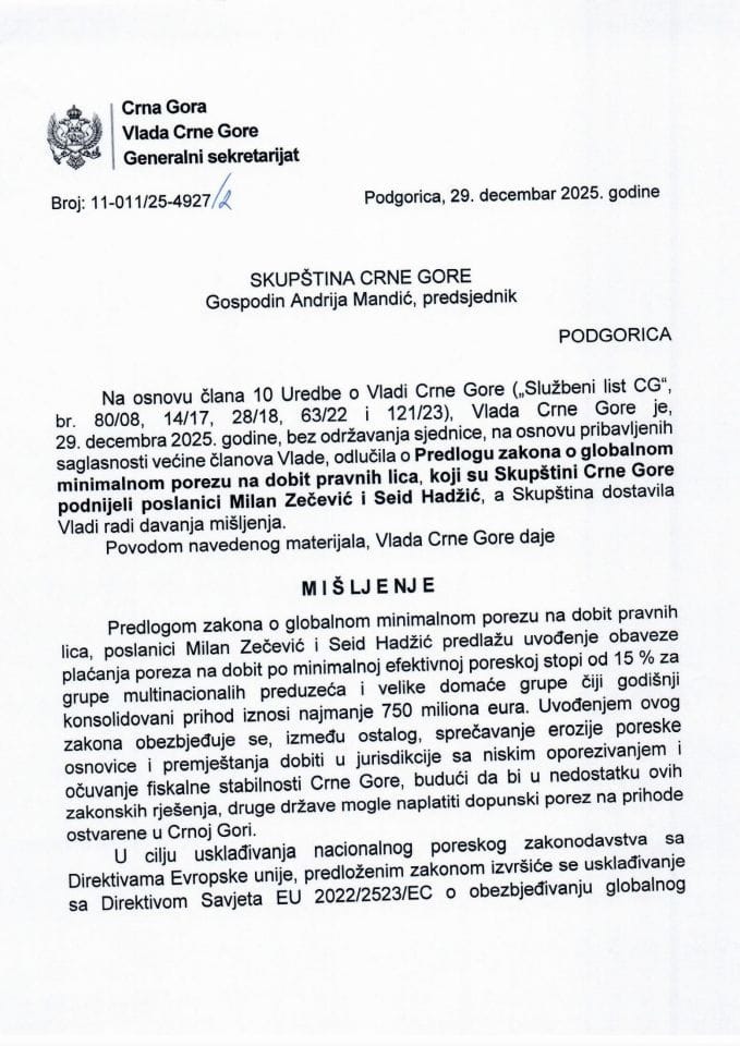 Predlog mišljenja na Predlog zakona o globalnom minimalnom porezu na dobit pravnih lica (predlagači poslanici Milan Zečević i Seid Hadžić) - Zaključci