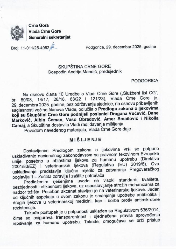 Predlog mišljenja na Predlog zakona o ljekovima* (predlagači poslanici: dr Dragana Vučević, dr Dane Marković, dr Albin Ćeman, Vaso Obradović, Amer Smailović i Nikolla Camaj) - Zaključci