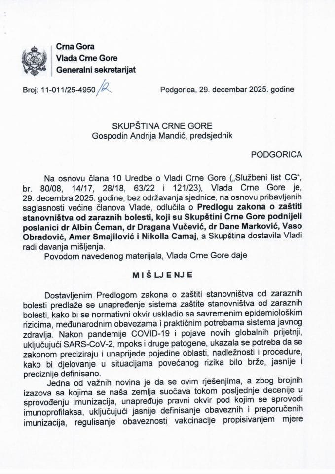 Predlog mišljenja na Predlog zakona o zaštiti stanovništva od zaraznih bolesti (predlagači poslanici dr Albin Ćeman, dr Dragana Vučević, dr Dane Marković;  Vaso Obradović, Amer Smailović i Nikolla Camaj) - Zaključci