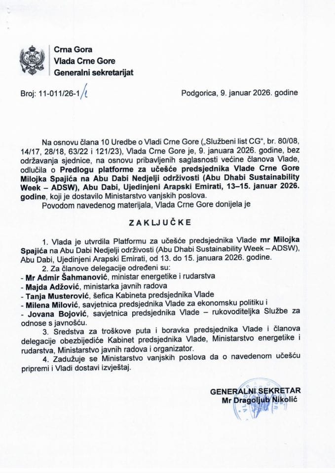 Предлог платформе за учешће предсједника Владе Црне Горе, Милојка Спајића, на Абу Даби Недјељи одрживости (Abu Dhabi Sustainability Week - ADSW), Абу Даби, Уједињени Арапски Емирати, 13-15. јануар 2026. године - Закључци