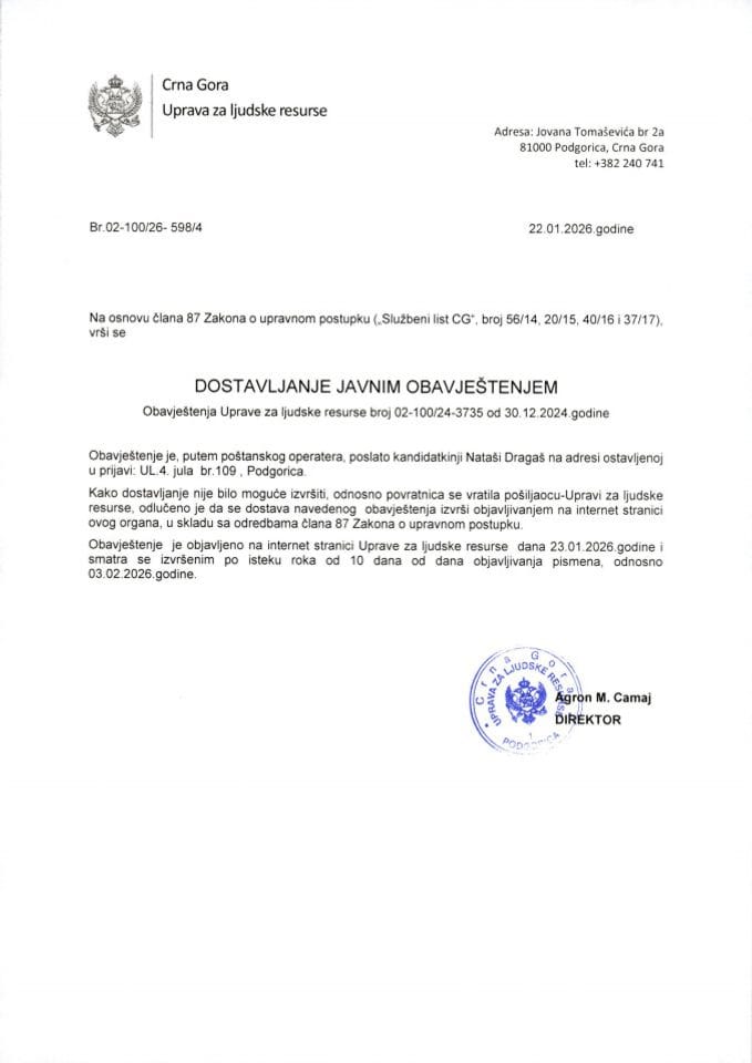 Javni oglas 02-100-24-3735-3 od 30.12.2024.god za potrebe Ministarstva poljoprivrede ,šumarstva i vodoprivrede-Nataša Dragaš