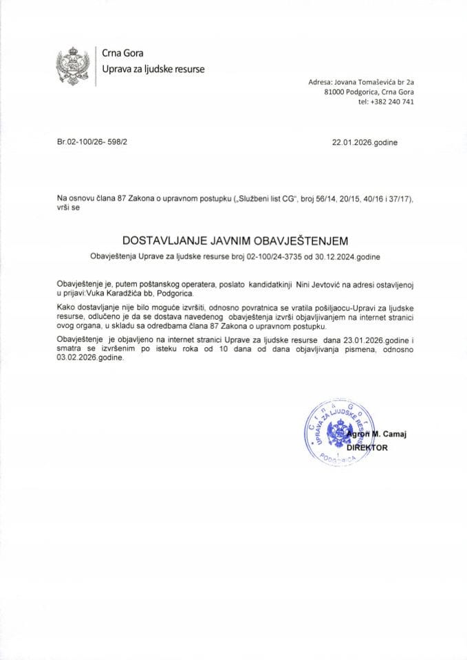 Javni oglas 02-100-24-3735-3 od 30.12.2024.god za potrebe Ministarstva poljoprivrede ,šumarstva i vodoprivrede-Nina Jevtović