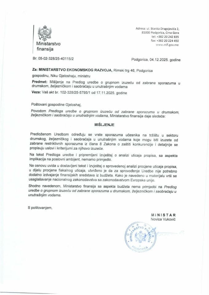 Mišljenje na Predlog uredbe o grupnom izuzeću od zabrane sporazuma u drumskom, željezničkom i saobraćaju u unutrašnjim vodama