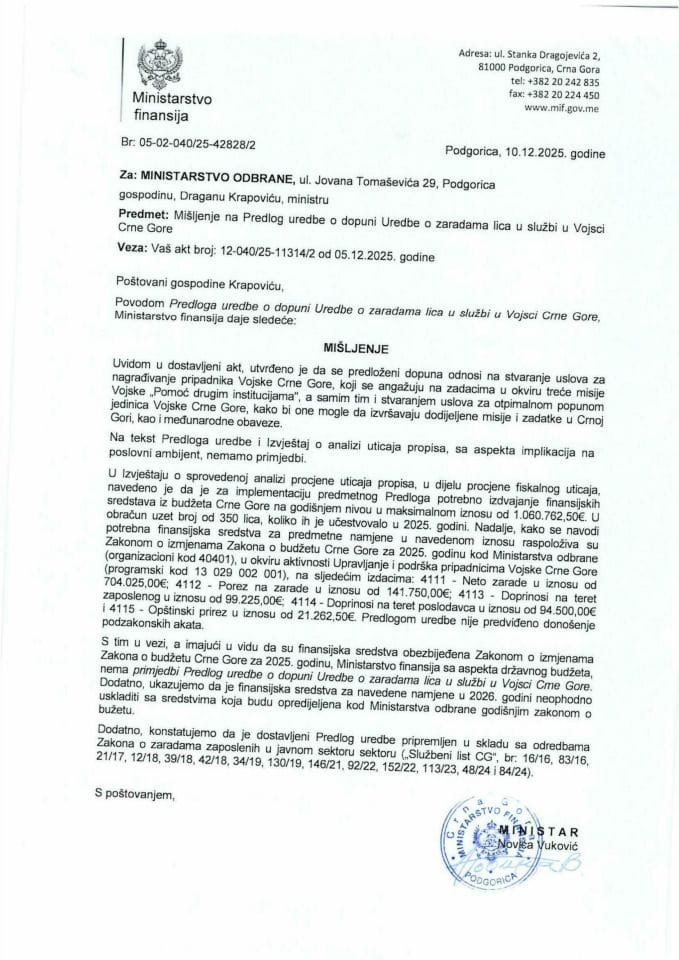 Mišljenje na Predlog uredbe o dopuni Uredbe o zaradama lica u službi u Vojsci Crne Gore