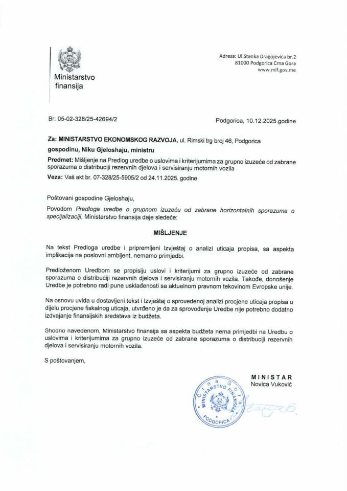 Mišljenje na Predlog uredbe o uslovima i kriterijumima za grupno izuzeće od zabrane sporazuma o distribuciji rezervnih djelova i servisiranju motornih vozila