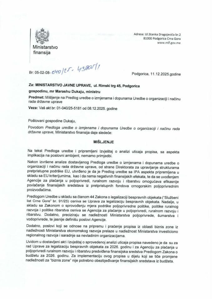 Mišljenje na Predlog uredbe o izmjenama i dopunama Uredbe o organizaciji i načinu rada državne uprave