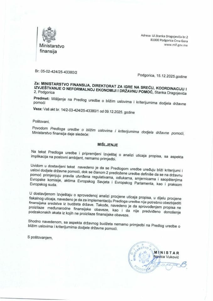 Mišljenje na Predlog uredbe o bližim uslovima i kriterijumima dodjela državne pomoći