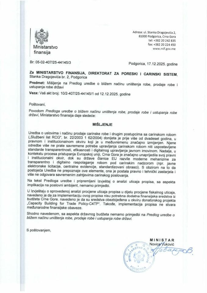 Mišljenje na Predlog uredbe o bližem načinu uništenja robe, prodaje robe i ustupanja robe državi