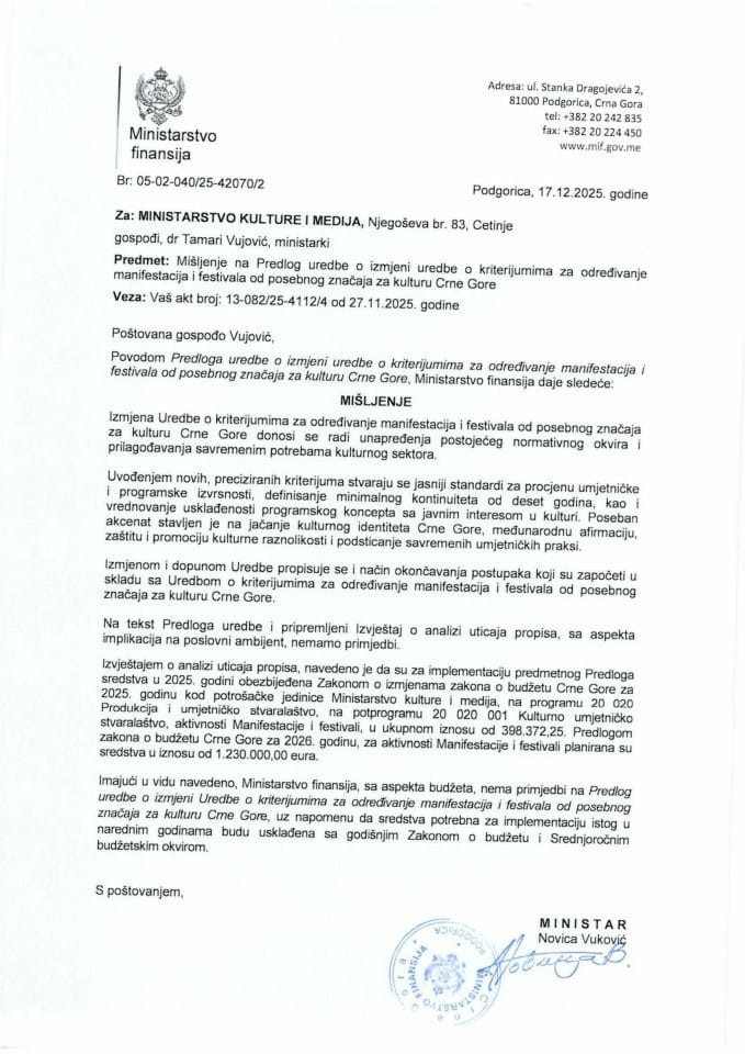 Mišljenje na Predlog uredbe o izmjeni Uredbe o kriterijumima za određivanje manifestacija i festivala od posebnog značaja za kulturu Crne Gore
