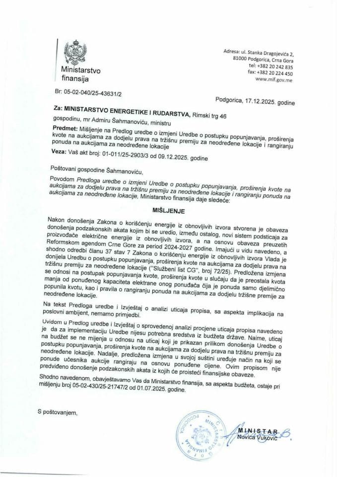 Mišljenje na Predlog uredbe o izmjeni Uredbe o postupku popunjavanja, proširenja kvote na aukcijama za dodjelu prava na tržišnu premiju