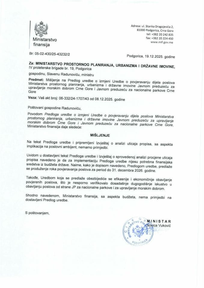 Mišljenje na Predlog uredbe o izmjeni Uredbe o povjeravanju dijela poslova Ministarstva prostornog planiranja, urbanizma i državne imovine Javnom preduzeću za upravljanje morskim dobrom Crne Gore i Javnom preduzeću za nacionalne parkove Crne Gore
