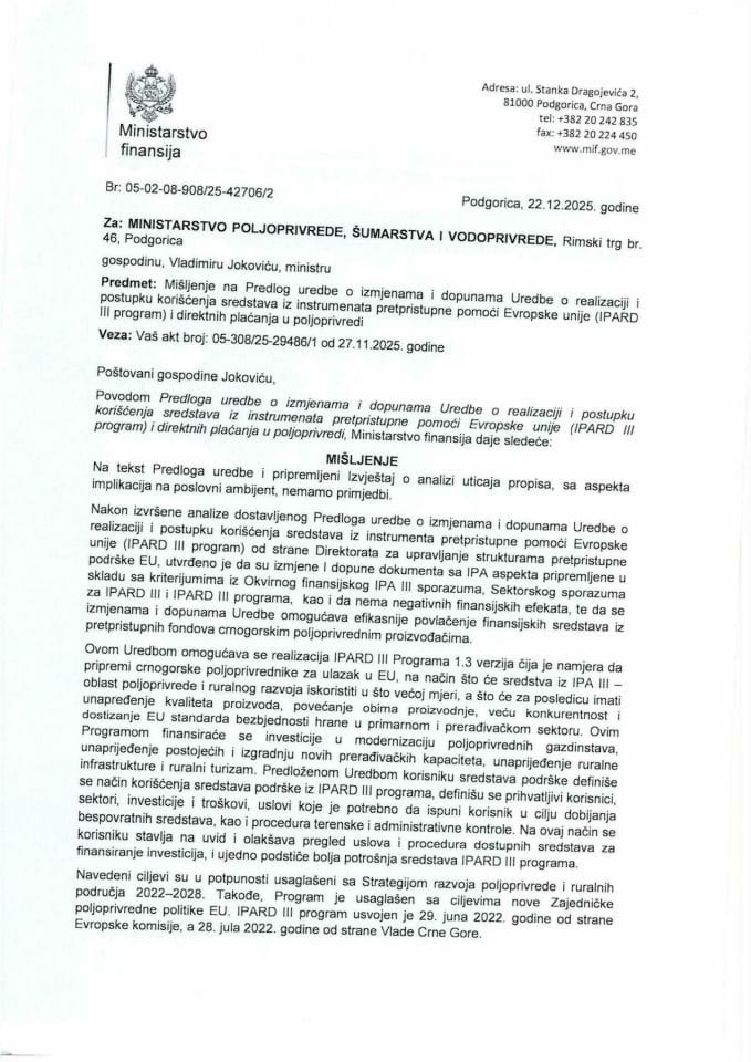 Mišljenje na Predlog uredbe o izmjenama i dopunama Uredbe o realizaciji i postupku korišćenja sredstava iz instrumenata pretpristupne pomoći Evropske unije IPARD III program i direktnih plaćanja u poljoprivredi