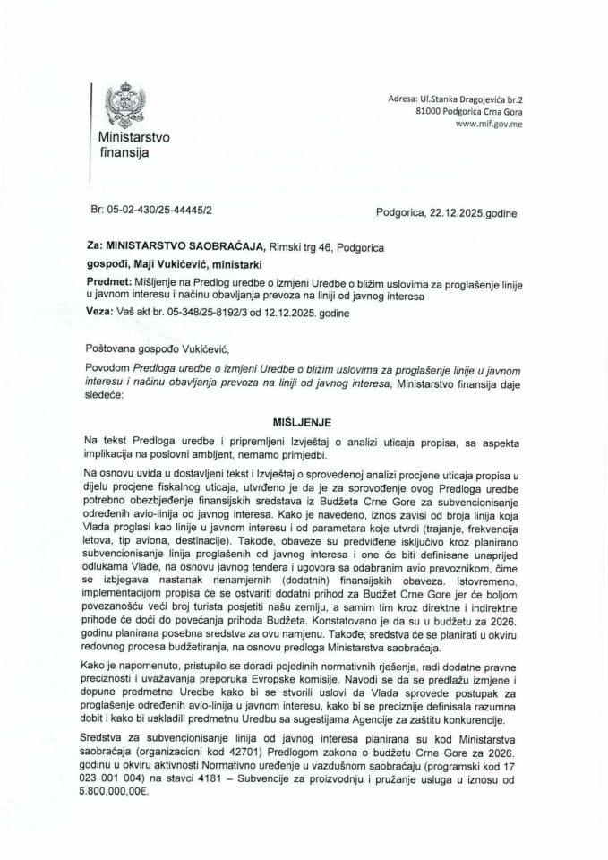 Mišljenje na Predlog uredbe o izmjeni Uredbe o bližim uslovima za proglašenje linije u javnom interesu i načinu obavljanja prevoza na liniji od javnog interesa