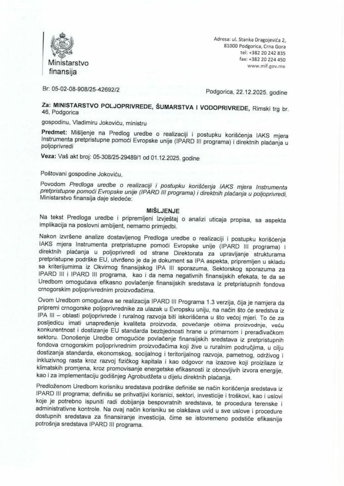 Mišljenje na Predlog uredbe o realizaciji i postupku korišćenja IAKS mjera Instrumenta pretpristupne pomoći Evropske unije IPARD III programa i direktnih plaćanja u poljoprivredi