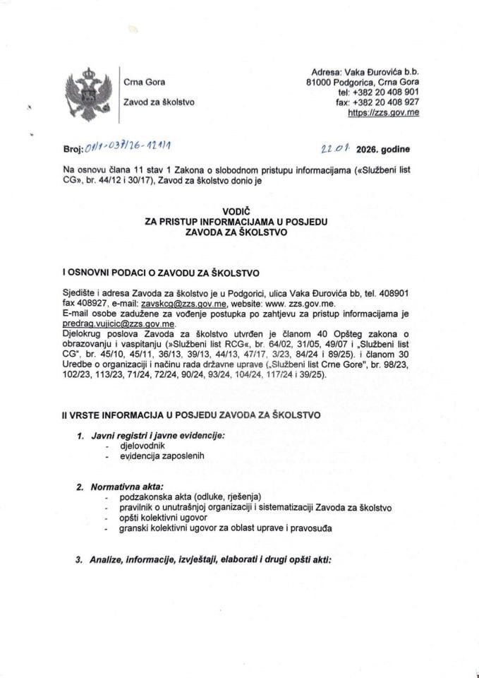 Vodič za pristup informacijama u posjedu Zavoda za školstvo (2026)