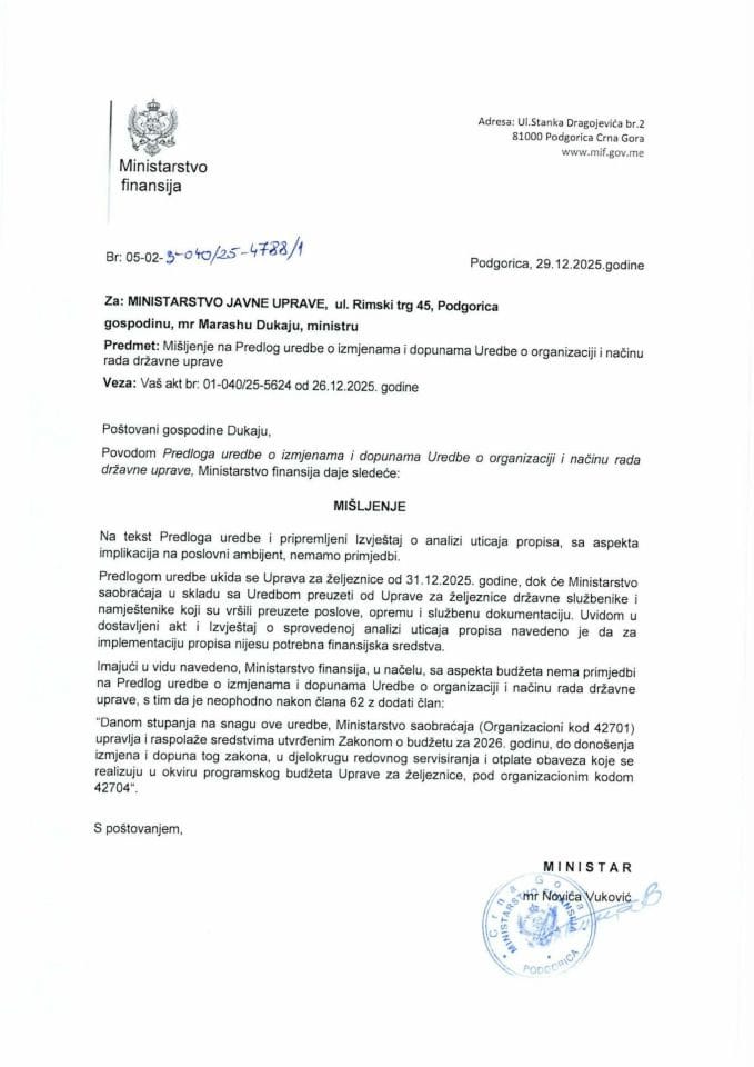 Mišljenje na Predlog uredbe o izmjenama i dopunama Uredbe o organizaciji i načinu rada državne uprave