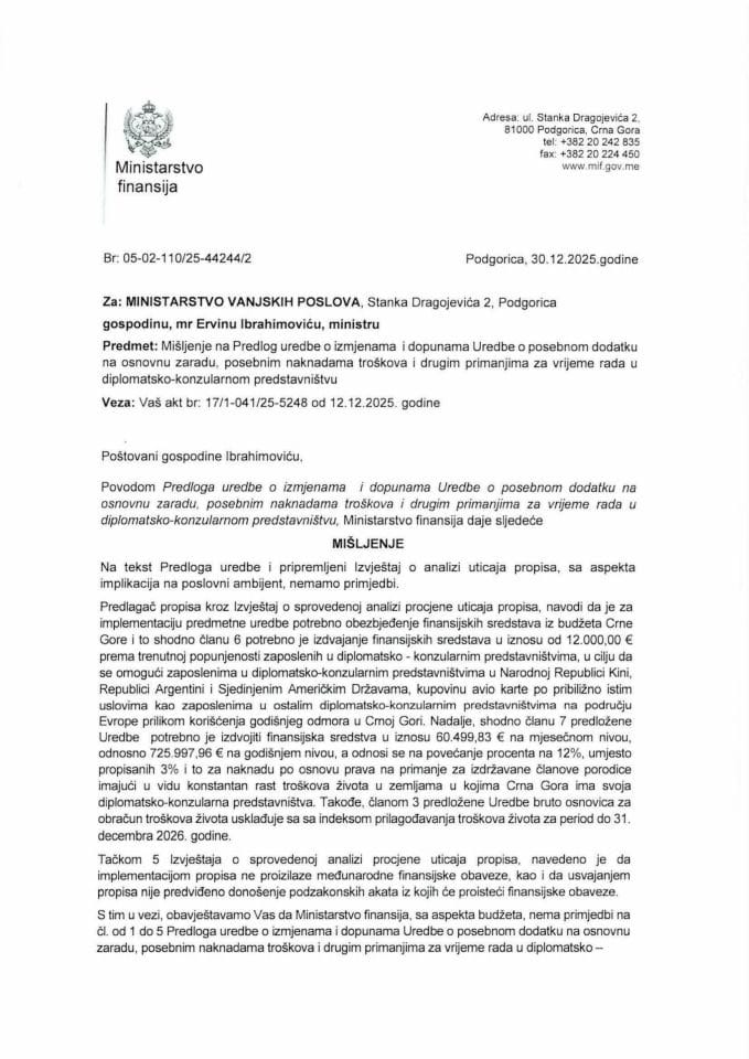 Mišljenje na Predlog uredbe o izmjenama i dopunama Uredbe o posebnom dodatku na osnovnu zaradu