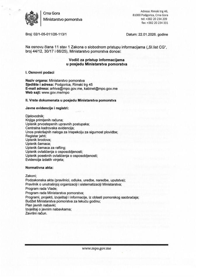 Vodič za Slobodan pristup informacijama u posjedu Ministarstva pomorstva za 2026. godinu