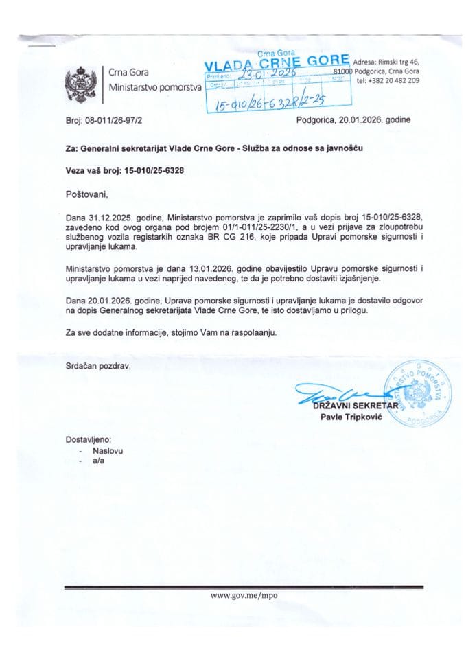 Odgovor Ministarstva pomorstva o sumnji na zloupotrebu službenog vozila