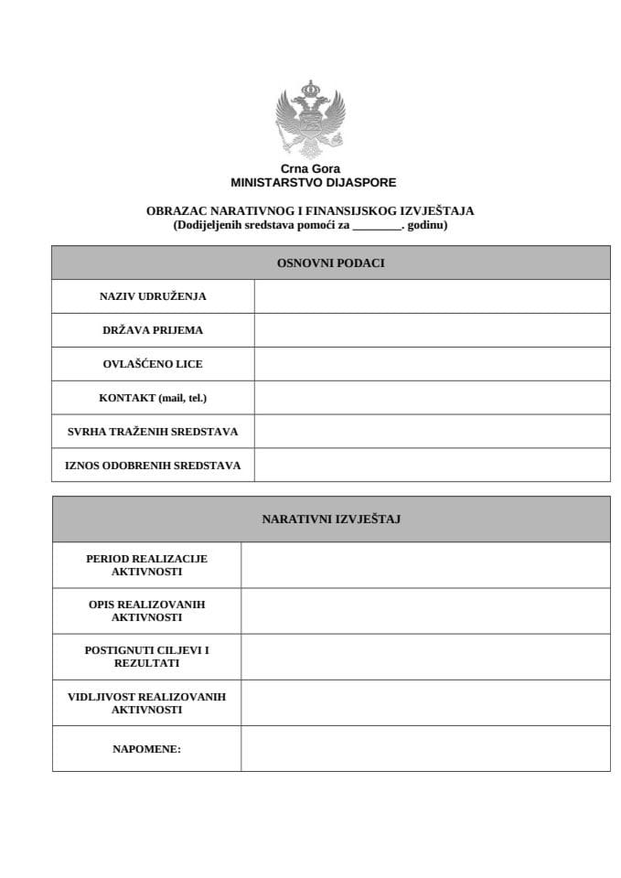 Obrazac narativnog i finansijskog izvještaja