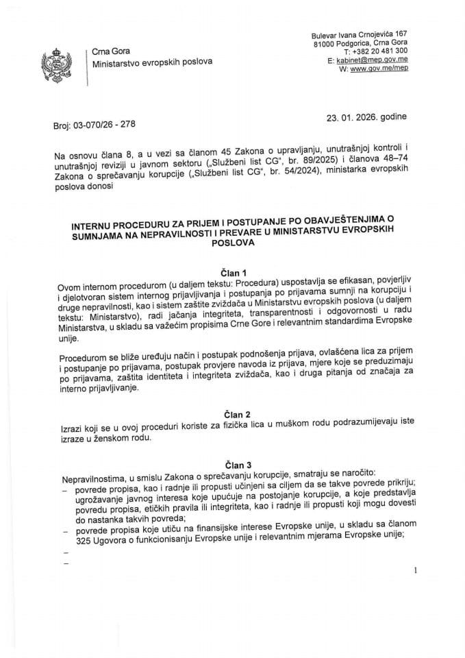 Interna procedura za prijem i postupanje po obavještenjima o sumnjama na nepravilnosti i prevare u Ministarstvu evropskih poslova