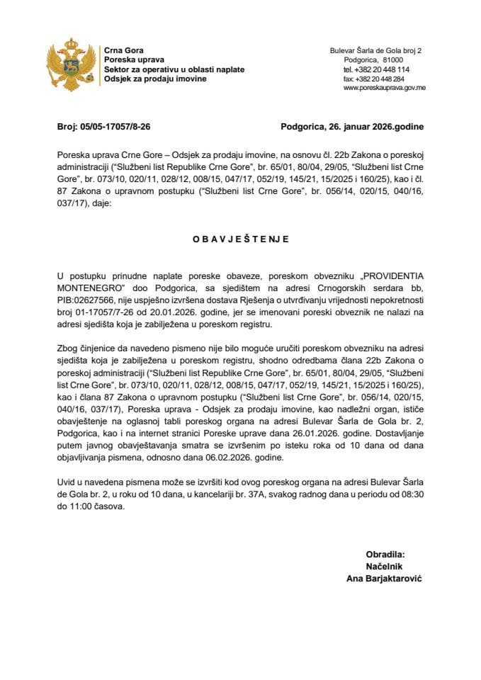 Obavještenje - Providentia Montenegro