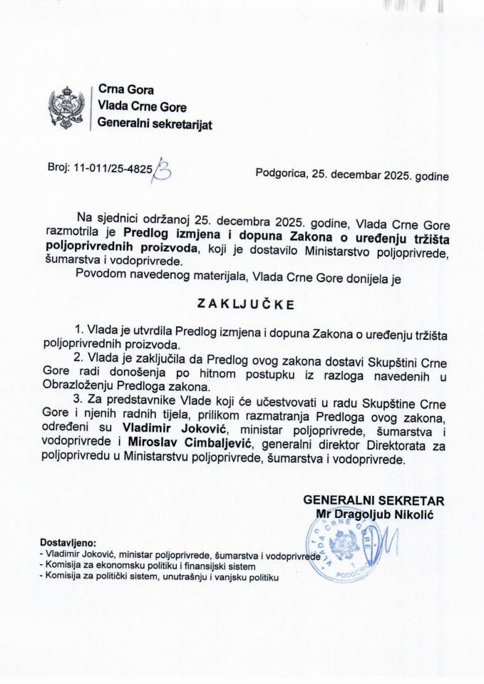 Предлог закона о измјенама и допунама Закона о уређењу тржишта пољопривредних производа - Закључци