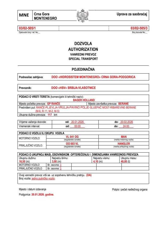 HIDROSISTEM MONTENEGRO 03-02-505-HSV