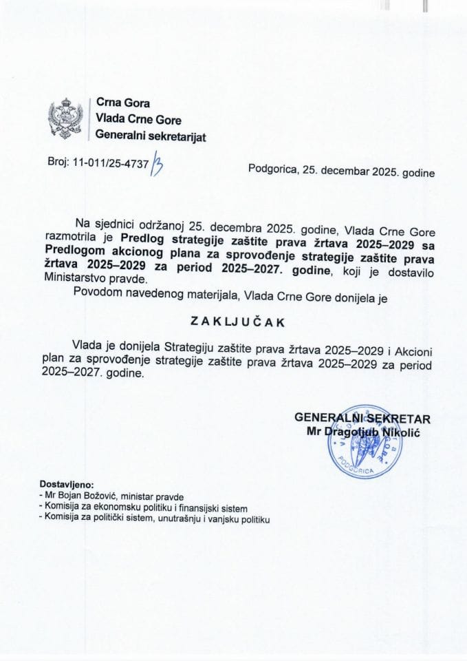 Предлог стратегије заштите права жртава 2025-2029 са Предлогом акционог плана за спровођење Стратегије заштите права жртава 2025-2029 за период 2025-2027. године - Закључци