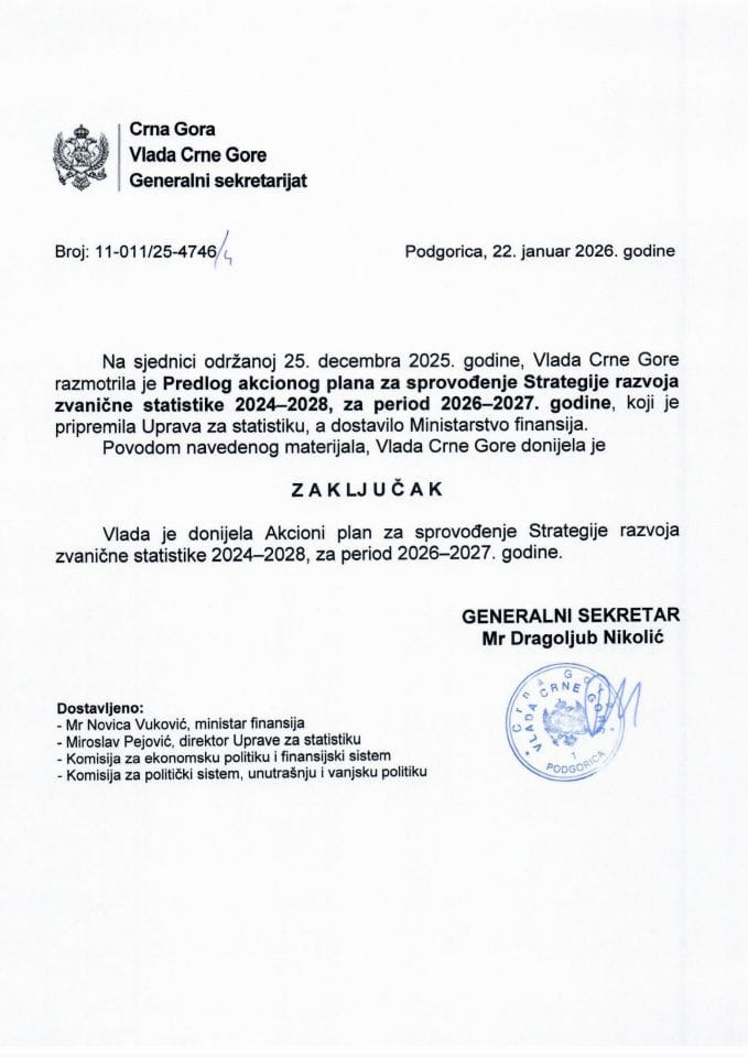 Предлог акционог плана за спровођење Стратегије развоја званичне статистике 2024-2028, за период 2026-2027. године - Закључци