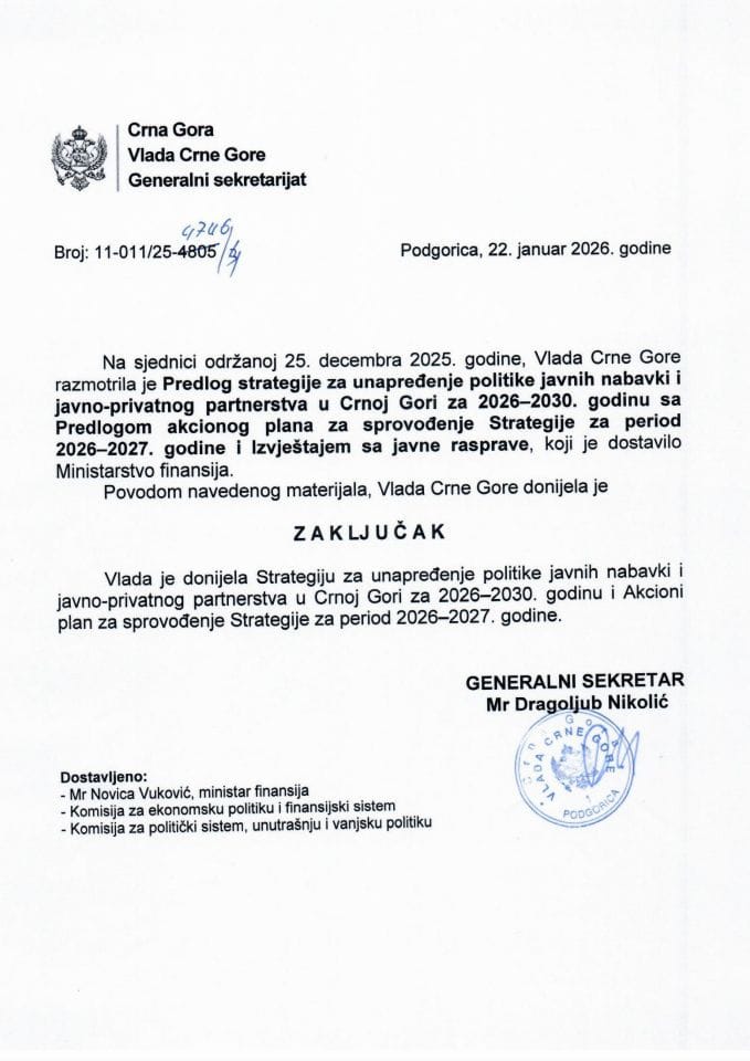 Предлог стратегије за унапређење политике јавних набавки и јавно-приватног партнерства у Црној Гори за период 2026-2030. године, са Предлогом акционог плана за спровођење Стратегије за период 2026-2027. године и Извјештајем са јавне расправе - Закључци